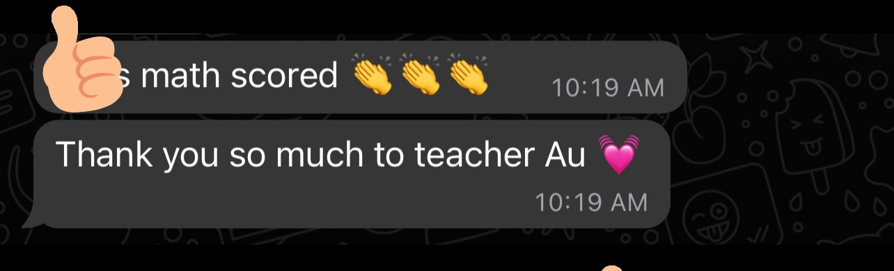 Anonymized parent message thanking Teacher Au for a Maths result
